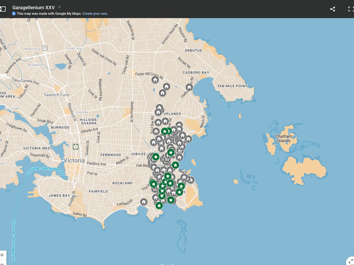 Garagellenium XXV live map of Oak Bay garage sales. Grey house pins are regular sales; green star pins mark sales giving proceeds to charity.