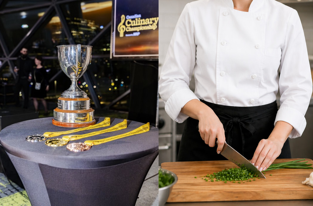 A culinary competition trophy and medals beside a chef chopping fresh herbs
