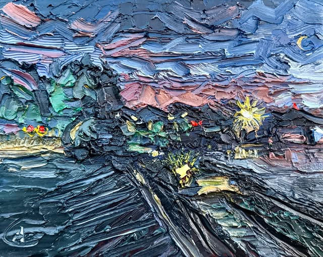 An oil painting of harbour lights at the blue hour before dawn